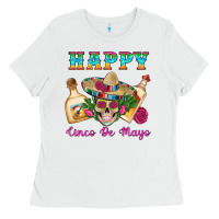 White Happy Cinco De Mayo Mexican Skull Tequila Bottle Roses Cactus Ladies Tee - Artiststas