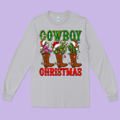Cowboy Christmas Boots Cactus Long Sleeve Tee Designed By Cowgirlartshop