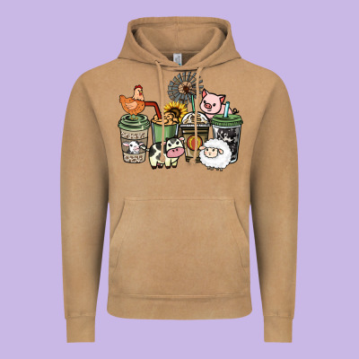 Farm Animal Coffee Cups Vintage Hoodie Designed By Howdyjamesfarm