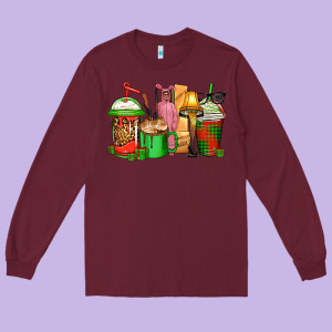 Christmas Movie Coffee Cups Long Sleeve Tee Designed By Cowgirlartshop