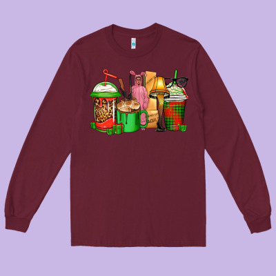 Christmas Movie Coffee Cups Long Sleeve Tee Designed By Cowgirlartshop
