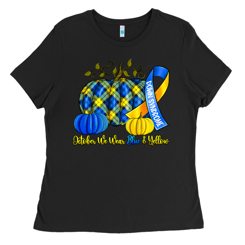 October We Wear Blue And Yellow With Pumpkins Ladies Tee by Artiststas | Teevron