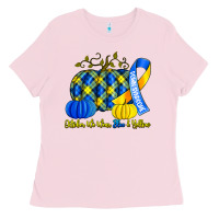 Bubblegum Pink october we wear blue and yellow with pumpkins Ladies Tee - Artiststas