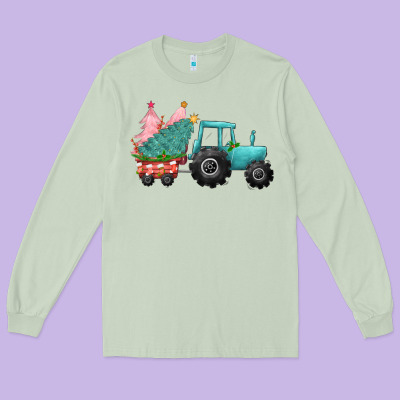 Christmas Tree Tractor Long Sleeve Tee Designed By Cowgirlartshop