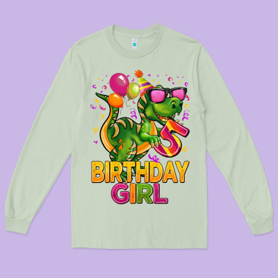 5 Rd Birthday Girl T Rex Pink Long Sleeve Tee Designed By Cowgirlartshop