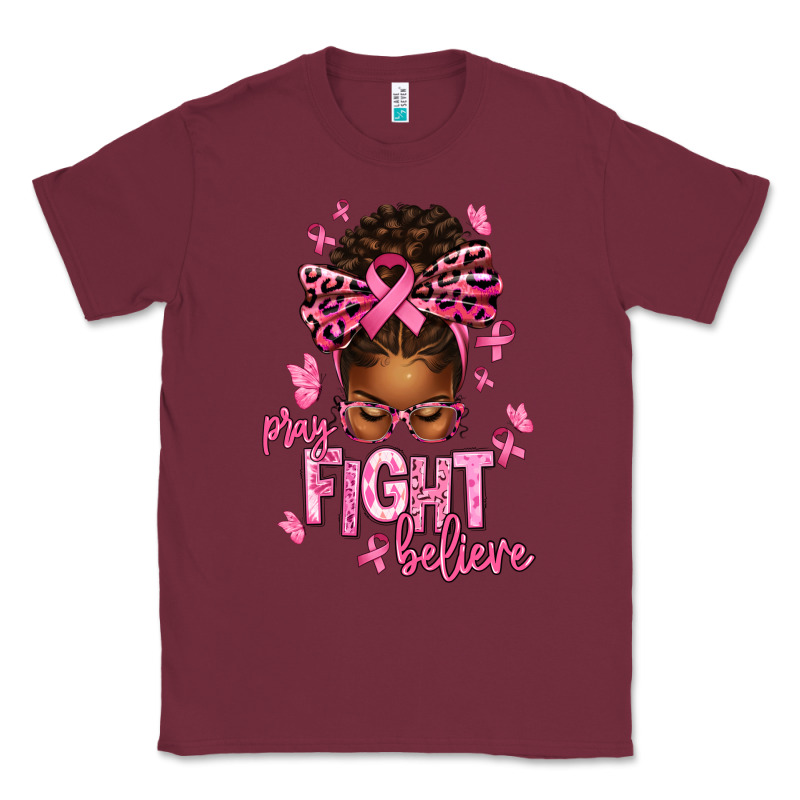 Pray Fight Believe Breast Cancer Afro Messy Classic Tee by texasbilliewilder | Teevron
