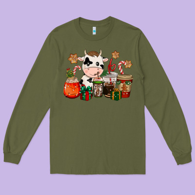 Cow Coffee Cups Christmas Long Sleeve Tee Designed By Cowgirlartshop