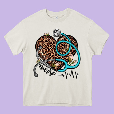 Nurse Leopard Heart Heavy Core Tee Designed By Jahusdesignshop