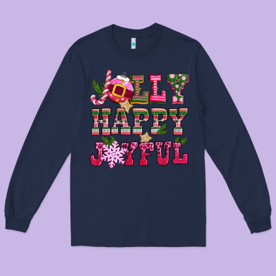 Jolly Happy Joyful Pink Christmas Long Sleeve Tee Designed By Cowgirlartshop