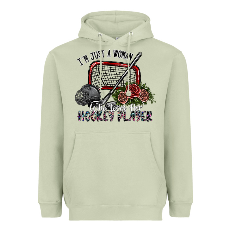 I'm Just A Woman Who Loves Her Hockey Player Heavyweight Hoodie by SublimationCraftShop | Teevron