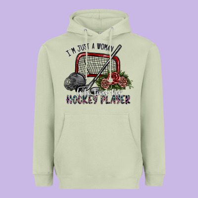 I'm Just A Woman Who Loves Her Hockey Player Heavyweight Hoodie Designed By Sublimationcraftshop