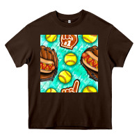 Chocolate Brown softball glove and hotdog seamless pattern Heavy Core Tee - BundleAndBundleShop