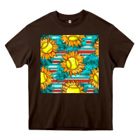 Chocolate Brown softball sunflowers with serape seamless pattern Heavy Core Tee - BundleAndBundleShop