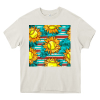 Cream softball sunflowers with serape seamless pattern Heavy Core Tee - BundleAndBundleShop
