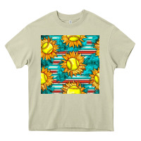 Mossy softball sunflowers with serape seamless pattern Heavy Core Tee - BundleAndBundleShop