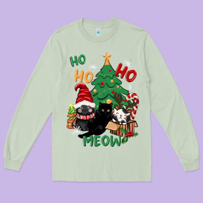 Ho Ho Ho Meow Long Sleeve Tee Designed By Cowgirlartshop