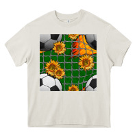 Cream soccer balls and sunflowers with goal nets seamless pattern Heavy Core Tee - BundleAndBundleShop