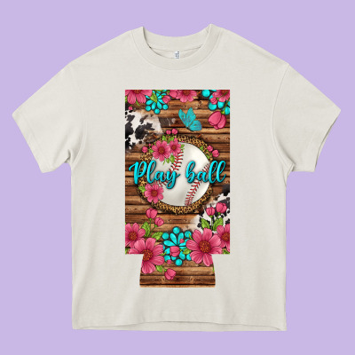 Play Ball Baseball With Pink Flowers 12 Oz Slim Can Cooler Heavy Core Tee Designed By Bundleandbundleshop