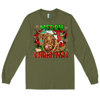 Army Green merry christmas cow Long Sleeve Tee - CowGirlArtShop