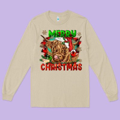 Merry Christmas Cow Long Sleeve Tee Designed By Cowgirlartshop