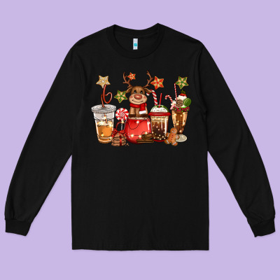 Christmas Reindeer Coffee Long Sleeve Tee Designed By Cowgirlartshop