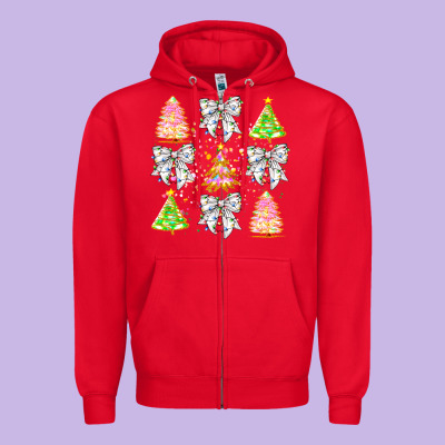 Christmas Trees And Bow Zipper Hoodie Designed By Cowhidedigitalart