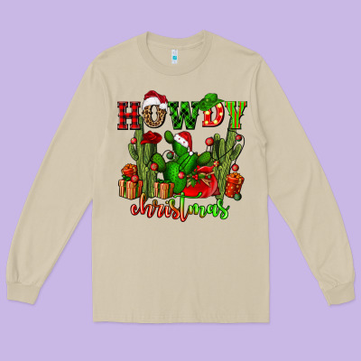 Howdy Christmas With Cactusses Long Sleeve Tee Designed By Cowgirlartshop