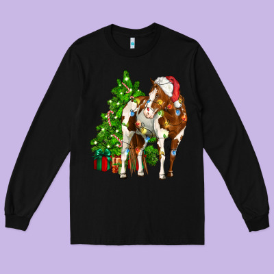 American Paint Horse Christmas Tree Long Sleeve Tee Designed By Cowgirlartshop