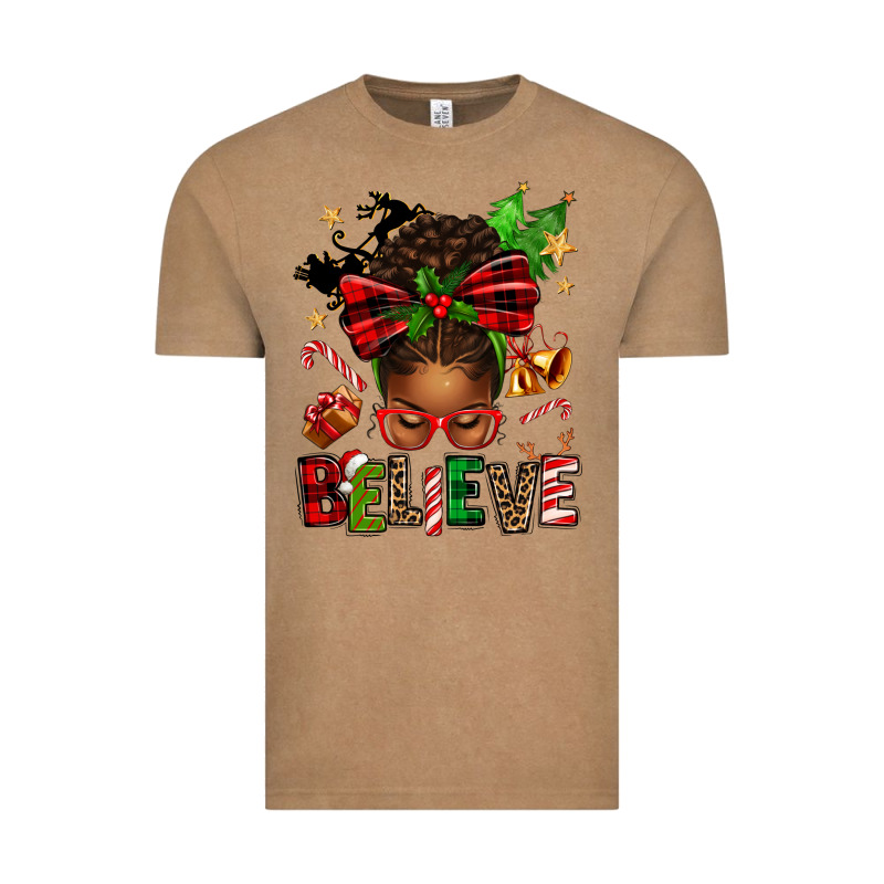Christmas Believe Afro Messy Bun Vintage Tee by texasbilliewilder | Teevron