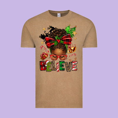 Christmas Believe Afro Messy Bun Vintage Tee Designed By Texasbilliewilder