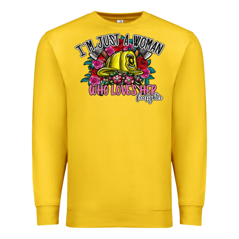 Im Just A Woman Who Loves Her Firefighter Premium Sweatshirt by SublimationCraftShop | Teevron