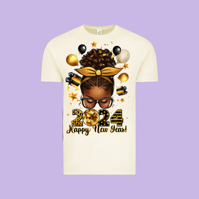 2024 Happy New Year  Afro Messy Bun Vintage Tee Designed By Texasbilliewilder