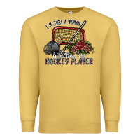 Antique Gold i'm just a woman who loves her hockey player Premium Sweatshirt - SublimationCraftShop