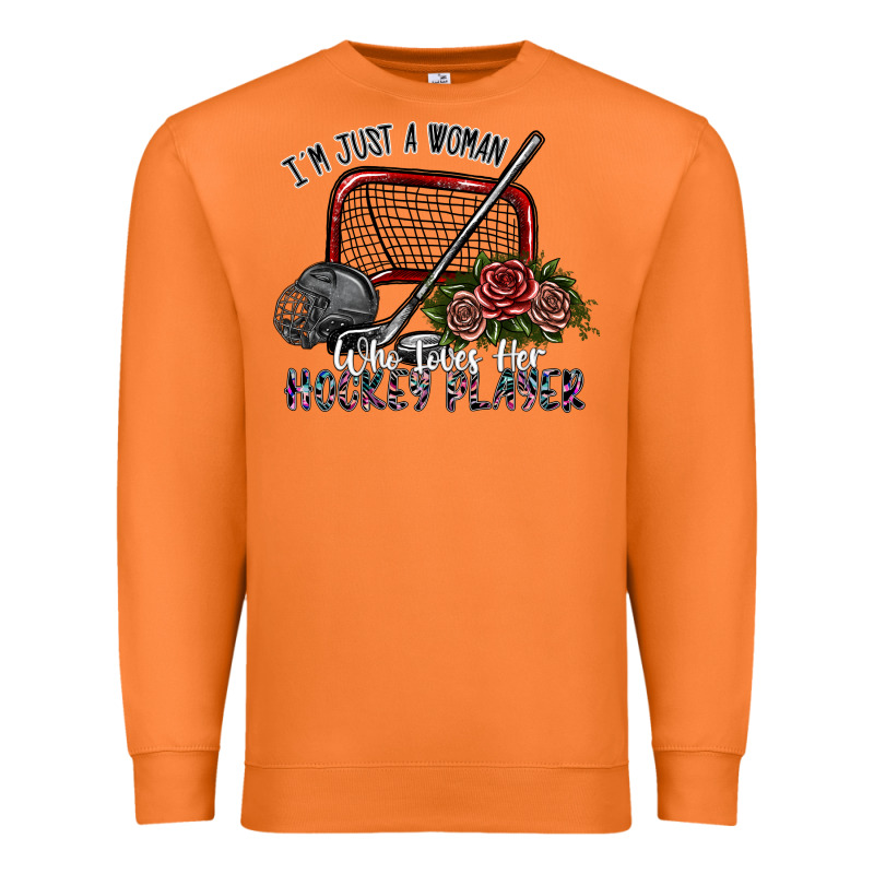 I'm Just A Woman Who Loves Her Hockey Player Premium Sweatshirt by SublimationCraftShop | Teevron