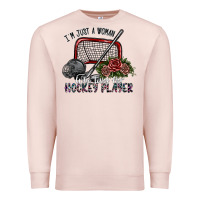 Pale Pink i'm just a woman who loves her hockey player Premium Sweatshirt - SublimationCraftShop