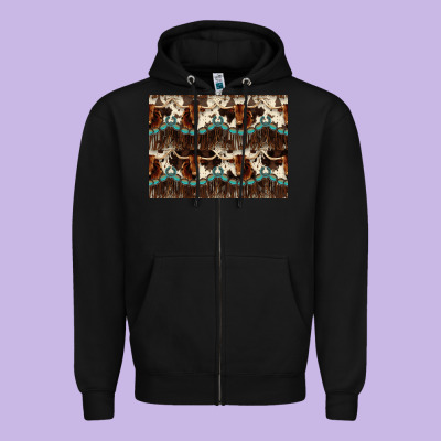 Longhorn Cow Pattern Zipper Hoodie Designed By Cowhidedigitalart