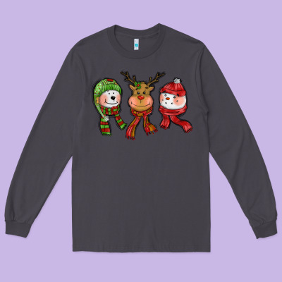 Christmas Reindeer Polar Bear Snowman Long Sleeve Tee Designed By Cowgirlartshop