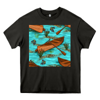Asphalt Lake Canoe And Fish With Reeds And Leopard Seamless Pattern Bbs Heavy Core Tee - BundleAndBundleShop