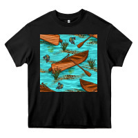 Black Lake Canoe And Fish With Reeds And Leopard Seamless Pattern Bbs Heavy Core Tee - BundleAndBundleShop