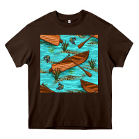 Chocolate Brown Lake Canoe And Fish With Reeds And Leopard Seamless Pattern Bbs Heavy Core Tee - BundleAndBundleShop