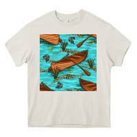 Lake Canoe And Fish With Reeds And Leopard Seamless Pattern Bbs Heavy Core Tee | Teevron