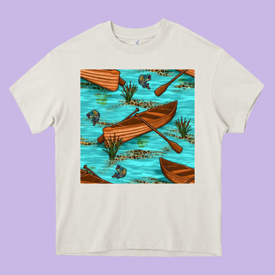 Lake Canoe And Fish With Reeds And Leopard Seamless Pattern Bbs Heavy Core Tee Designed By Bundleandbundleshop