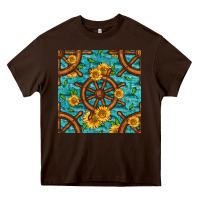 Chocolate Brown Lake Boat Rudder And Sunflowers Seamless Pattern Heavy Core Tee - BundleAndBundleShop