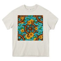 Cream Lake Boat Rudder And Sunflowers Seamless Pattern Heavy Core Tee - BundleAndBundleShop