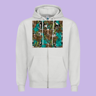 Longhorn Pattern Zipper Hoodie Designed By Cowhidedigitalart