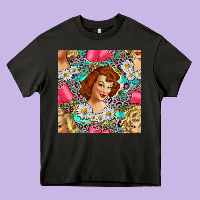 Hairdresser Western Girl And Hair Curler Seamless Pattern Bbs Heavy Core Tee Designed By Bundleandbundleshop