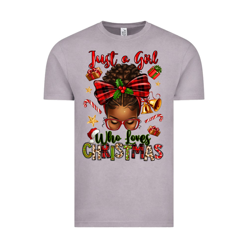 Just A Girl Who Loves Christmas Afro Messy Bun Vintage Tee by texasbilliewilder | Teevron