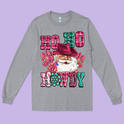 Ho Ho Howdy Santa Pink Christmas Long Sleeve Tee Designed By Cowgirlartshop