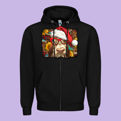 Christmas Cow Zipper Hoodie Designed By Lillyallendesigns