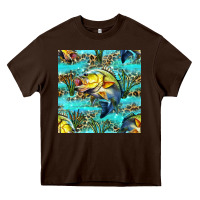 Chocolate Brown Lake Fish And Reeds With Leopard Seamless Pattern Bbs Heavy Core Tee - BundleAndBundleShop